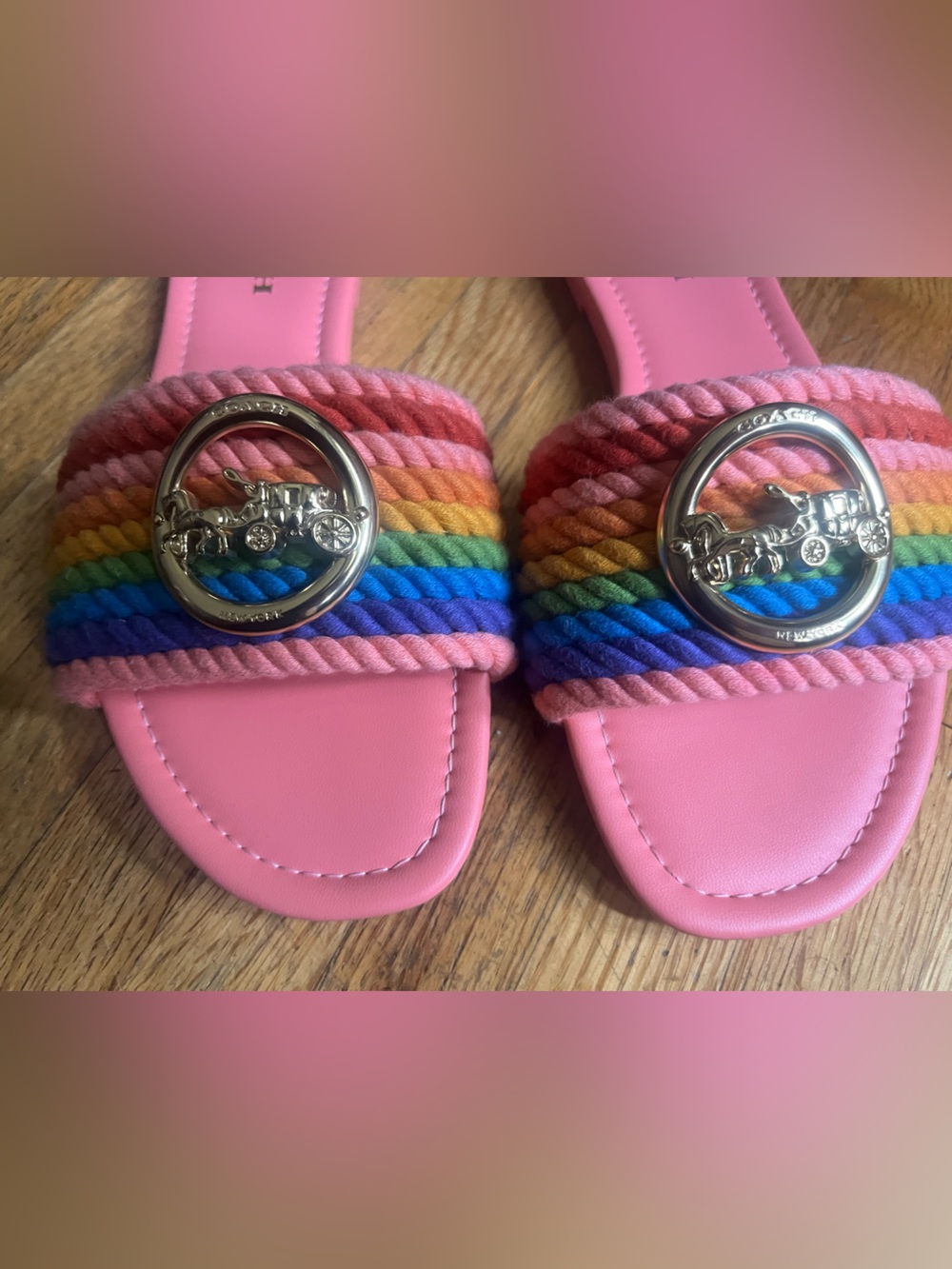 Coach Pink Slide Sandals with Rainbow Rope Straps - Picture 2 of 5